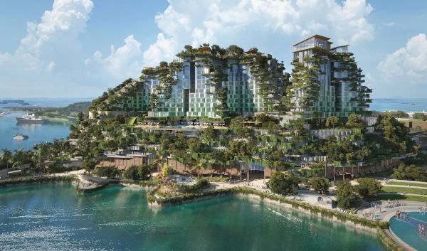 Architecture rendering of resort complex covered in trees and greenery overlooking a body of water under a blue sky.